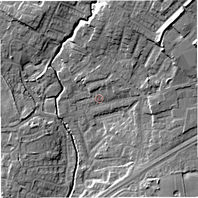 Shaded relief map of the ground around M297BP, computed from Environment Agency LiDAR. The ground here sits at about 23 m above sea level and falls 20 m across the surrounding 800 m. Surface water reaching this point runs off ground lying to the north-north-east, 3.6 m higher.