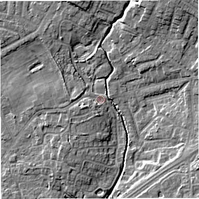 Shaded relief map of the ground around M297BR, computed from Environment Agency LiDAR. The ground here sits at about 23 m above sea level and falls 14 m across the surrounding 800 m. Surface water reaching this point runs off ground lying to the west-south-west, 3.8 m higher.