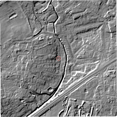 Shaded relief map of the ground around M297DG, computed from Environment Agency LiDAR. The ground here sits at about 22 m above sea level and falls 12 m across the surrounding 800 m. Surface water reaching this point runs off ground lying to the west, 4.5 m higher.