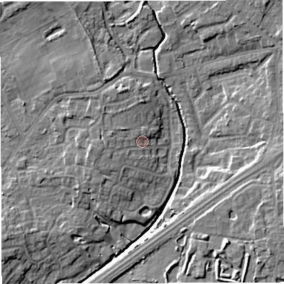 Shaded relief map of the ground around M297DQ, computed from Environment Agency LiDAR. The ground here sits at about 24 m above sea level and falls 12 m across the surrounding 800 m. Surface water reaching this point runs off ground lying to the west-south-west, 2.3 m higher.