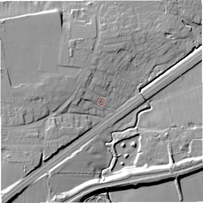 Shaded relief map of the ground around M297EA, computed from Environment Agency LiDAR. The ground here sits at about 21 m above sea level and falls 16 m across the surrounding 800 m. Surface water reaching this point runs off ground lying to the north-north-west, 4.7 m higher.
