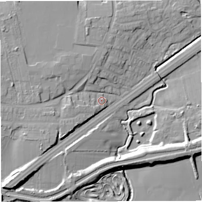 Shaded relief map of the ground around M297ED, computed from Environment Agency LiDAR. The ground here sits at about 21 m above sea level and falls 17 m across the surrounding 800 m. Surface water reaching this point runs off ground lying to the west-south-west, 3.9 m higher.