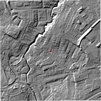 Shaded relief map of the ground around M297ET, computed from Environment Agency LiDAR. The ground here sits at about 27 m above sea level and falls 19 m across the surrounding 800 m. Surface water reaching this point runs off ground lying to the north-north-east, 4.6 m higher.