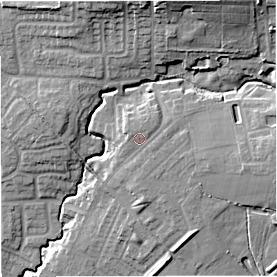 Shaded relief map of the ground around M297EX, computed from Environment Agency LiDAR. The ground here sits at about 38 m above sea level and falls 30 m across the surrounding 800 m. Surface water reaching this point runs off ground lying to the north-north-east, 1.4 m higher.