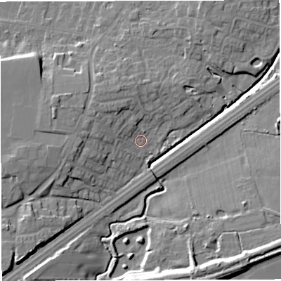 Shaded relief map of the ground around M297FN, computed from Environment Agency LiDAR. The ground here sits at about 20 m above sea level and falls 12 m across the surrounding 800 m. Surface water reaching this point runs off ground lying to the west-north-west, 5.2 m higher.