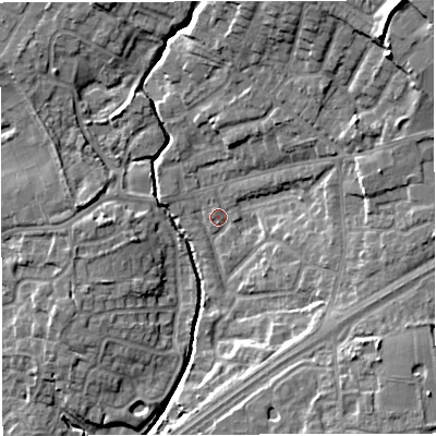 Shaded relief map of the ground around M297GL, computed from Environment Agency LiDAR. The ground here sits at about 22 m above sea level and falls 17 m across the surrounding 800 m. Surface water reaching this point runs off ground lying to the north-east, 14.4 m higher.