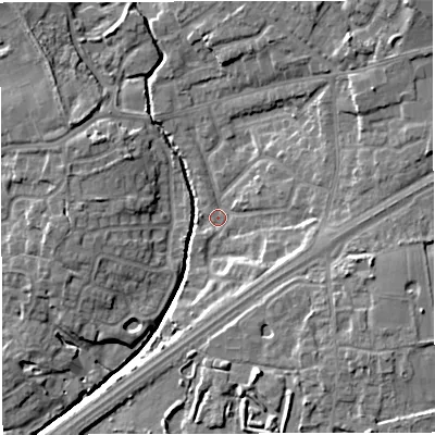 Shaded relief map of the ground around M297HR, computed from Environment Agency LiDAR. The ground here sits at about 22 m above sea level and falls 14 m across the surrounding 800 m. Surface water reaching this point runs off ground lying to the east, 5.6 m higher.