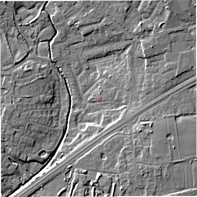 Shaded relief map of the ground around M297HS, computed from Environment Agency LiDAR. The ground here sits at about 23 m above sea level and falls 16 m across the surrounding 800 m. Surface water reaching this point runs off ground lying to the east, 4.5 m higher.