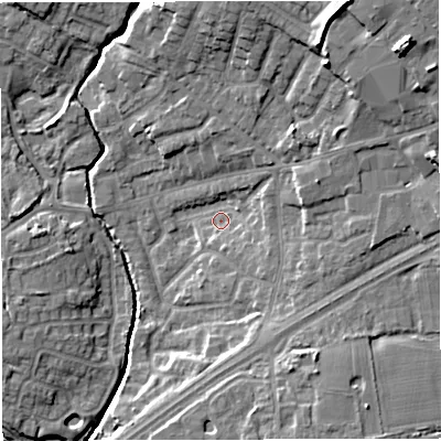 Shaded relief map of the ground around M297HT, computed from Environment Agency LiDAR. The ground here sits at about 22 m above sea level and falls 19 m across the surrounding 800 m. Surface water reaching this point runs off ground lying to the east-north-east, 8.6 m higher.