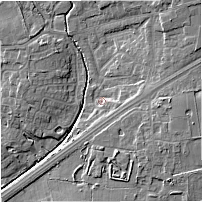 Shaded relief map of the ground around M297JD, computed from Environment Agency LiDAR. The ground here sits at about 22 m above sea level and falls 12 m across the surrounding 800 m. Surface water reaching this point runs off ground lying to the east-south-east, 4.8 m higher.