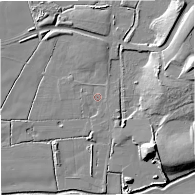 Shaded relief map of the ground around M297JZ, computed from Environment Agency LiDAR. The ground here sits at about 18 m above sea level and falls 20 m across the surrounding 800 m. Surface water reaching this point runs off ground lying to the east-south-east, 0.7 m higher.