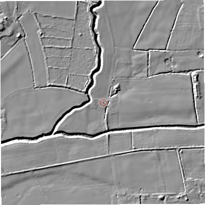 Shaded relief map of the ground around M297LL, computed from Environment Agency LiDAR. The ground here sits at about 18 m above sea level and falls 6 m across the surrounding 800 m. Surface water reaching this point runs off ground lying to the west-south-west, 1.8 m higher.