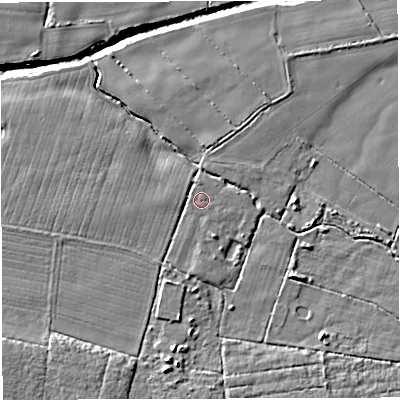 Shaded relief map of the ground around M297LN, computed from Environment Agency LiDAR. The ground here sits at about 18 m above sea level and falls 8 m across the surrounding 800 m. Surface water reaching this point runs off ground lying to the south-south-east, 1.8 m higher.