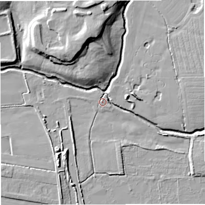 Shaded relief map of the ground around M297LW, computed from Environment Agency LiDAR. The ground here sits at about 19 m above sea level and falls 18 m across the surrounding 800 m. Surface water reaching this point runs off ground lying to the west-north-west, 1.1 m higher.