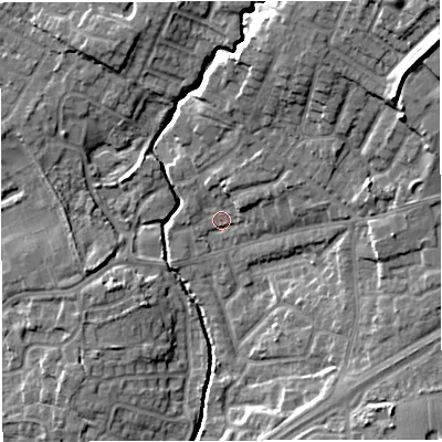 Shaded relief map of the ground around M297ND, computed from Environment Agency LiDAR. The ground here sits at about 22 m above sea level and falls 18 m across the surrounding 800 m. Surface water reaching this point runs off ground lying to the north-east, 15.4 m higher.