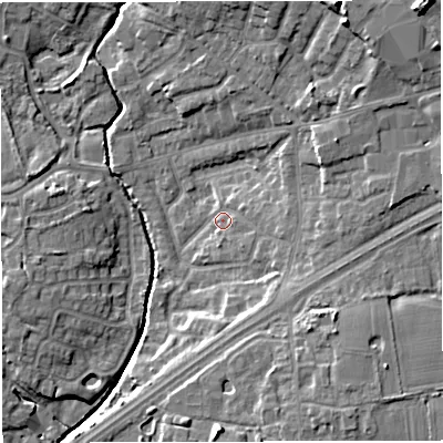 Shaded relief map of the ground around M297PH, computed from Environment Agency LiDAR. The ground here sits at about 23 m above sea level and falls 19 m across the surrounding 800 m. Surface water reaching this point runs off ground lying to the east-south-east, 2.3 m higher.
