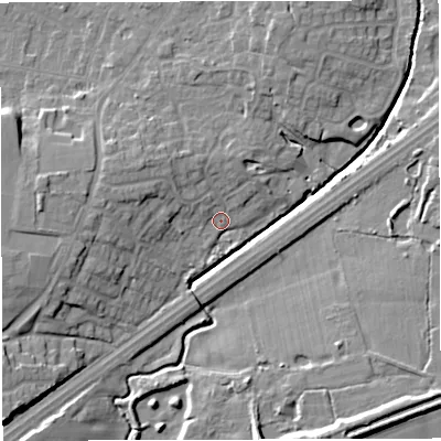 Shaded relief map of the ground around M297SS, computed from Environment Agency LiDAR. The ground here sits at about 20 m above sea level and falls 11 m across the surrounding 800 m. Surface water reaching this point runs off ground lying to the west-north-west, 5.9 m higher.