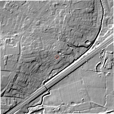 Shaded relief map of the ground around M297ST, computed from Environment Agency LiDAR. The ground here sits at about 22 m above sea level and falls 11 m across the surrounding 800 m. Surface water reaching this point runs off ground lying to the north-north-west, 1.6 m higher.