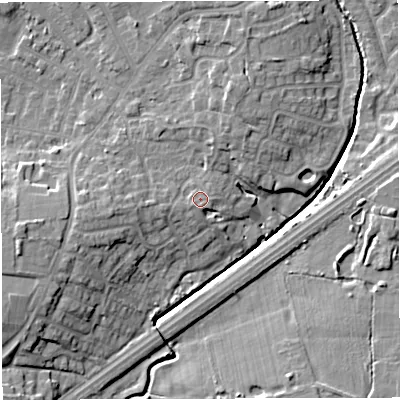 Shaded relief map of the ground around M297SU, computed from Environment Agency LiDAR. The ground here sits at about 23 m above sea level and falls 10 m across the surrounding 800 m. Surface water reaching this point runs off ground lying to the south-south-east, 0.9 m higher.