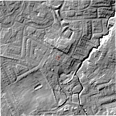 Shaded relief map of the ground around M297TX, computed from Environment Agency LiDAR. The ground here sits at about 25 m above sea level and falls 16 m across the surrounding 800 m. Surface water reaching this point runs off ground lying to the north-north-east, 1.0 m higher.