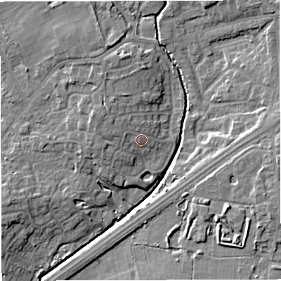 Shaded relief map of the ground around M297UA, computed from Environment Agency LiDAR. The ground here sits at about 24 m above sea level and falls 12 m across the surrounding 800 m. Surface water reaching this point runs off ground lying to the west-north-west, 1.8 m higher.