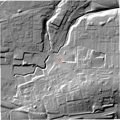 Shaded relief map of the ground around M298FP, computed from Environment Agency LiDAR. The ground here sits at about 43 m above sea level and falls 26 m across the surrounding 800 m. Surface water reaching this point runs off ground lying to the south-east, 15.1 m higher.