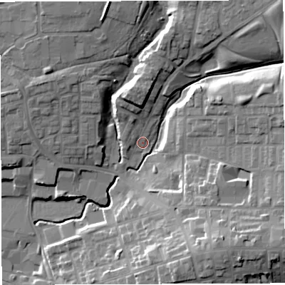 Shaded relief map of the ground around M298FQ, computed from Environment Agency LiDAR. The ground here sits at about 43 m above sea level and falls 23 m across the surrounding 800 m. Surface water reaching this point runs off ground lying to the north-north-west, 3.8 m higher.