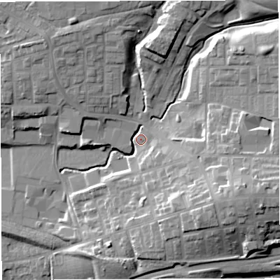 Shaded relief map of the ground around M298GG, computed from Environment Agency LiDAR. The ground here sits at about 41 m above sea level and falls 28 m across the surrounding 800 m. Surface water reaching this point runs off ground lying to the east-south-east, 18.1 m higher.