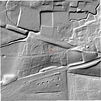 Shaded relief map of the ground around M298JH, computed from Environment Agency LiDAR. The ground here sits at about 32 m above sea level and falls 23 m across the surrounding 800 m. Surface water reaching this point runs off ground lying to the east-north-east, 4.9 m higher.