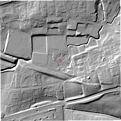 Shaded relief map of the ground around M298JN, computed from Environment Agency LiDAR. The ground here sits at about 35 m above sea level and falls 27 m across the surrounding 800 m. Surface water reaching this point runs off ground lying to the east, 18.1 m higher.