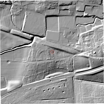 Shaded relief map of the ground around M298LB, computed from Environment Agency LiDAR. The ground here sits at about 33 m above sea level and falls 22 m across the surrounding 800 m. Surface water reaching this point runs off ground lying to the north-east, 4.0 m higher.