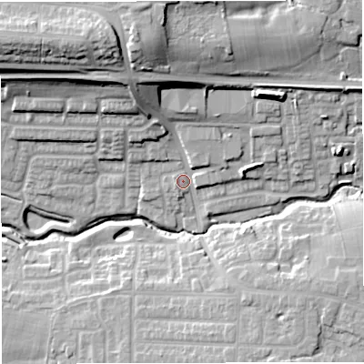 Shaded relief map of the ground around M298PR, computed from Environment Agency LiDAR. The ground here sits at about 44 m above sea level and falls 29 m across the surrounding 800 m. Surface water reaching this point runs off ground lying to the north-north-west, 22.3 m higher.