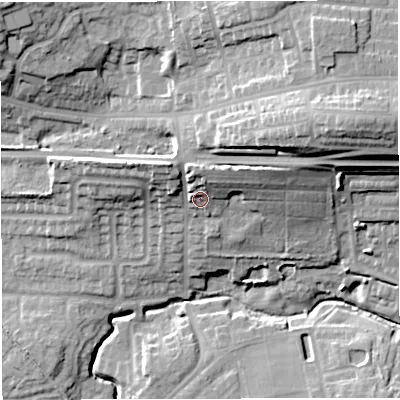 Shaded relief map of the ground around M298WN, computed from Environment Agency LiDAR. The ground here sits at about 45 m above sea level and falls 36 m across the surrounding 800 m. Surface water reaching this point runs off ground lying to the north-north-east, 9.4 m higher.