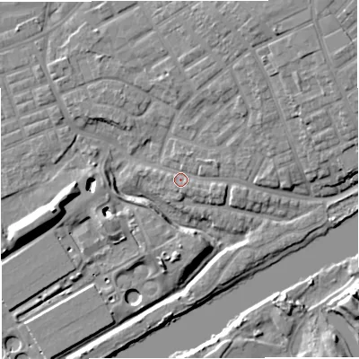 Shaded relief map of the ground around M307DT, computed from Environment Agency LiDAR. The ground here sits at about 21 m above sea level and falls 14 m across the surrounding 800 m. Surface water reaching this point runs off ground lying to the east-south-east, 2.1 m higher.