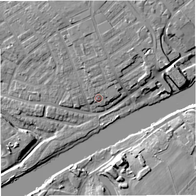 Shaded relief map of the ground around M307ET, computed from Environment Agency LiDAR. The ground here sits at about 22 m above sea level and falls 13 m across the surrounding 800 m. Surface water reaching this point runs off ground lying to the north-north-east, 5.2 m higher.