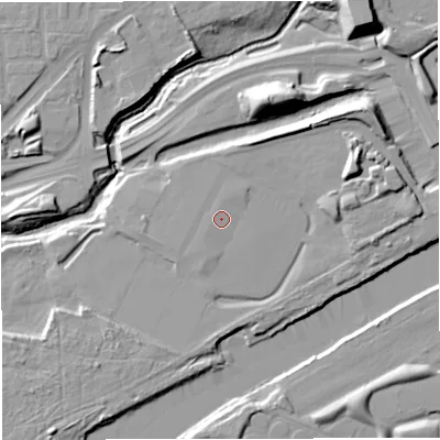 Shaded relief map of the ground around M307EY, computed from Environment Agency LiDAR. The ground here sits at about 22 m above sea level and falls 18 m across the surrounding 800 m. Surface water reaching this point runs off ground lying to the north-west, 0.6 m higher.