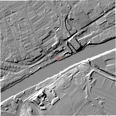Shaded relief map of the ground around M307TD, computed from Environment Agency LiDAR. The ground here sits at about 19 m above sea level and falls 13 m across the surrounding 800 m. Surface water reaching this point runs off ground lying to the south-south-west, 12.8 m higher.