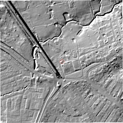 Shaded relief map of the ground around M308AP, computed from Environment Agency LiDAR. The ground here sits at about 27 m above sea level and falls 18 m across the surrounding 800 m. Surface water reaching this point runs off ground lying to the east-north-east, 13.0 m higher.