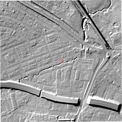 Shaded relief map of the ground around M308AY, computed from Environment Agency LiDAR. The ground here sits at about 23 m above sea level and falls 15 m across the surrounding 800 m. Surface water reaching this point runs off ground lying to the south-east, 11.9 m higher.