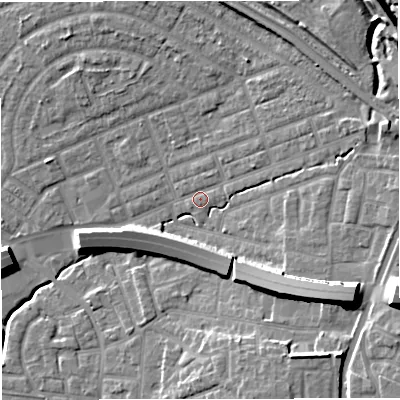 Shaded relief map of the ground around M308AZ, computed from Environment Agency LiDAR. The ground here sits at about 21 m above sea level and falls 17 m across the surrounding 800 m. Surface water reaching this point runs off ground lying to the east-south-east, 13.6 m higher.
