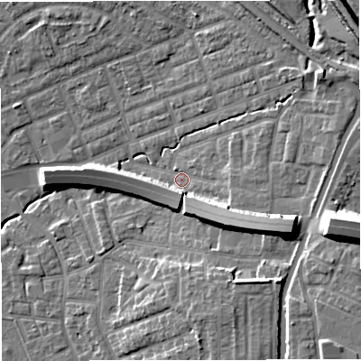 Shaded relief map of the ground around M308BB, computed from Environment Agency LiDAR. The ground here sits at about 22 m above sea level and falls 16 m across the surrounding 800 m. Surface water reaching this point runs off ground lying to the east-south-east, 10.5 m higher.