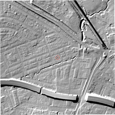 Shaded relief map of the ground around M308BD, computed from Environment Agency LiDAR. The ground here sits at about 23 m above sea level and falls 15 m across the surrounding 800 m. Surface water reaching this point runs off ground lying to the south-east, 11.9 m higher.