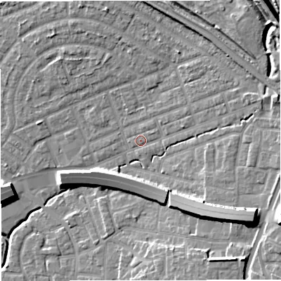 Shaded relief map of the ground around M308BE, computed from Environment Agency LiDAR. The ground here sits at about 21 m above sea level and falls 16 m across the surrounding 800 m. Surface water reaching this point runs off ground lying to the east-south-east, 12.8 m higher.