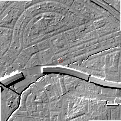Shaded relief map of the ground around M308BH, computed from Environment Agency LiDAR. The ground here sits at about 21 m above sea level and falls 15 m across the surrounding 800 m. Surface water reaching this point runs off ground lying to the east-south-east, 12.5 m higher.