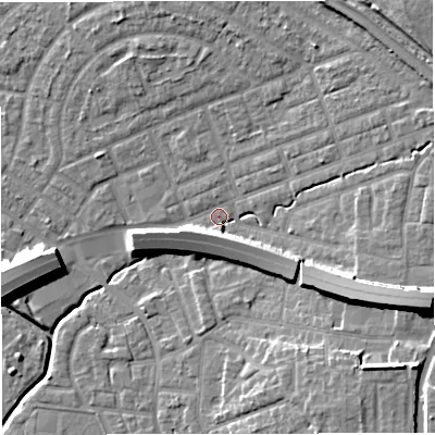 Shaded relief map of the ground around M308BJ, computed from Environment Agency LiDAR. The ground here sits at about 20 m above sea level and falls 15 m across the surrounding 800 m. Surface water reaching this point runs off ground lying to the east-south-east, 12.5 m higher.
