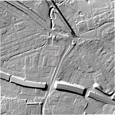 Shaded relief map of the ground around M308BQ, computed from Environment Agency LiDAR. The ground here sits at about 26 m above sea level and falls 16 m across the surrounding 800 m. Surface water reaching this point runs off ground lying to the east, 0.7 m higher.