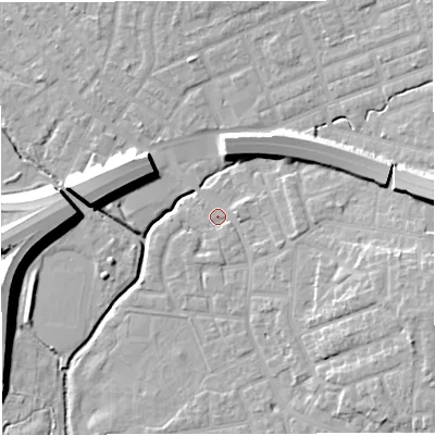 Shaded relief map of the ground around M308BW, computed from Environment Agency LiDAR. The ground here sits at about 21 m above sea level and falls 12 m across the surrounding 800 m. Surface water reaching this point runs off ground lying to the east-south-east, 1.9 m higher.