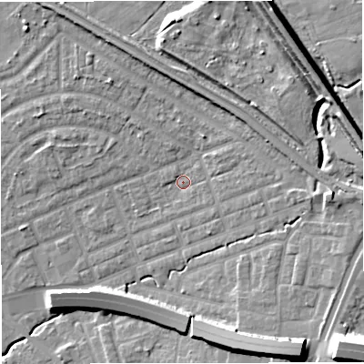 Shaded relief map of the ground around M308ED, computed from Environment Agency LiDAR. The ground here sits at about 22 m above sea level and falls 17 m across the surrounding 800 m. Surface water reaching this point runs off ground lying to the east, 4.8 m higher.