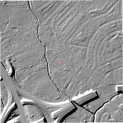 Shaded relief map of the ground around M308HG, computed from Environment Agency LiDAR. The ground here sits at about 20 m above sea level and falls 12 m across the surrounding 800 m. Surface water reaching this point runs off ground lying to the east, 1.8 m higher.