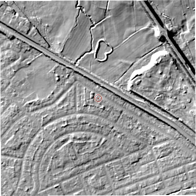 Shaded relief map of the ground around M308HJ, computed from Environment Agency LiDAR. The ground here sits at about 24 m above sea level and falls 15 m across the surrounding 800 m. Surface water reaching this point runs off ground lying to the north-east, 2.6 m higher.